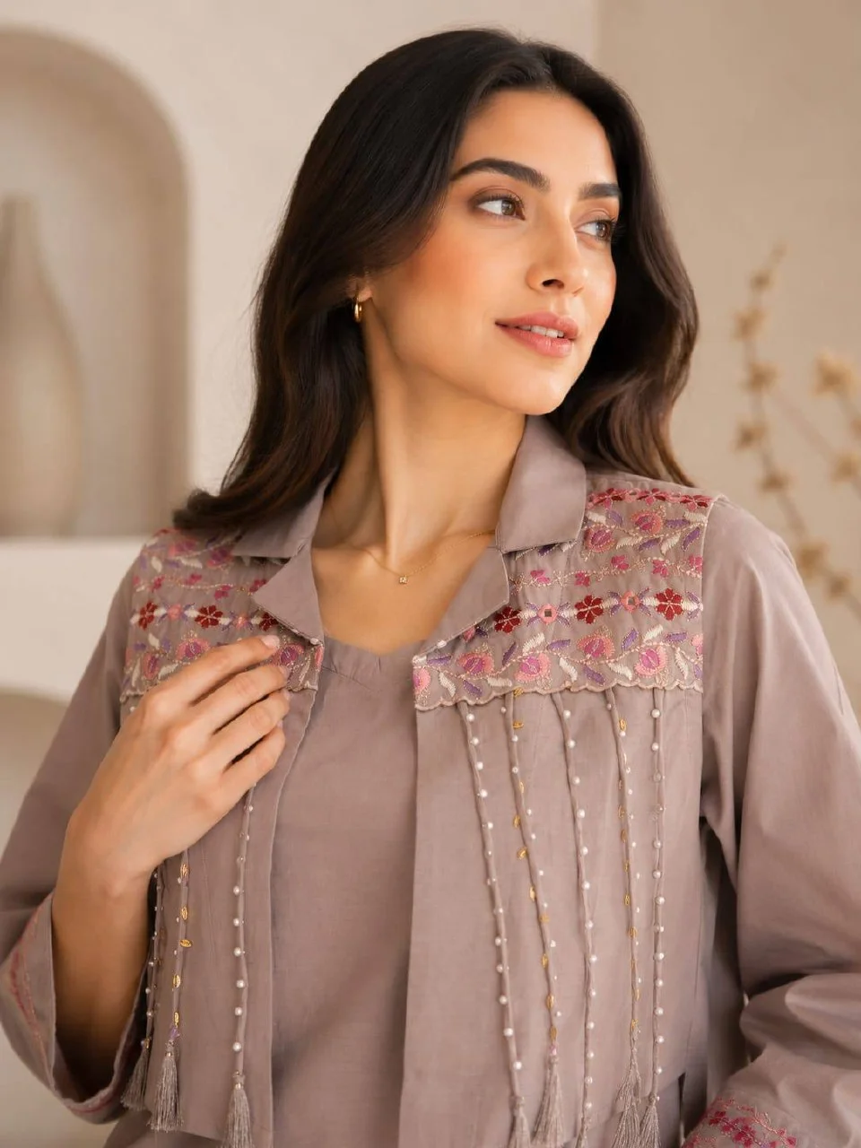 Cotton Tassel Embroidered Palazzo Co-ord Set in Mauve — photo 5 of 8