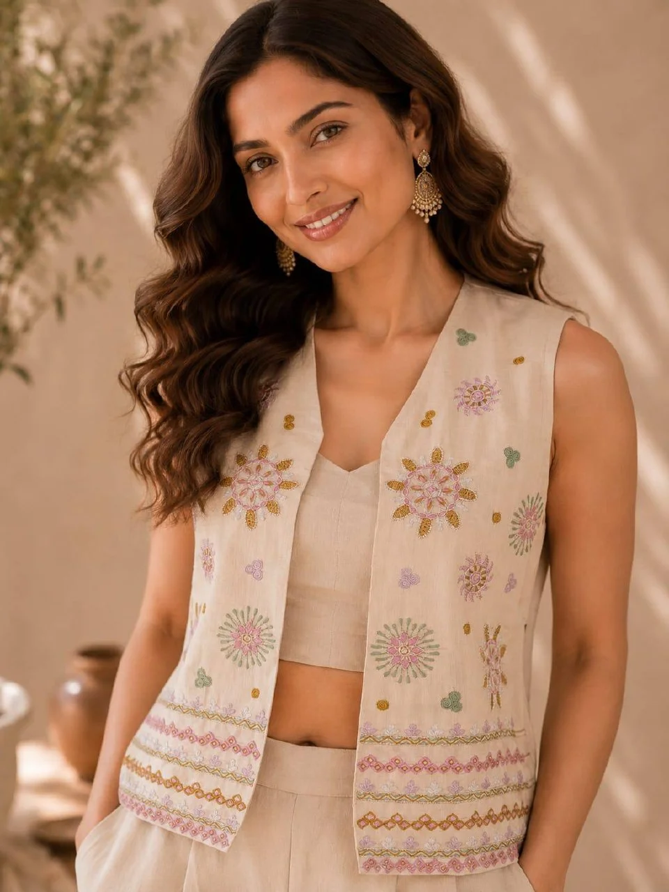 Cotton Crop Top and Palazzo Co-ord Set in Beige — photo 4 of 7