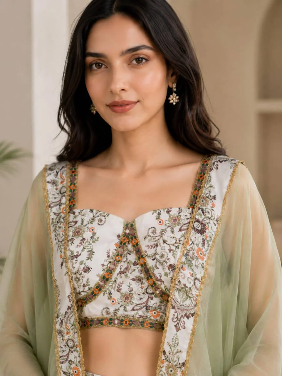 Crepe Printed Crop Top Palazzo Set with Cape in Sage Green — photo 2 of 5