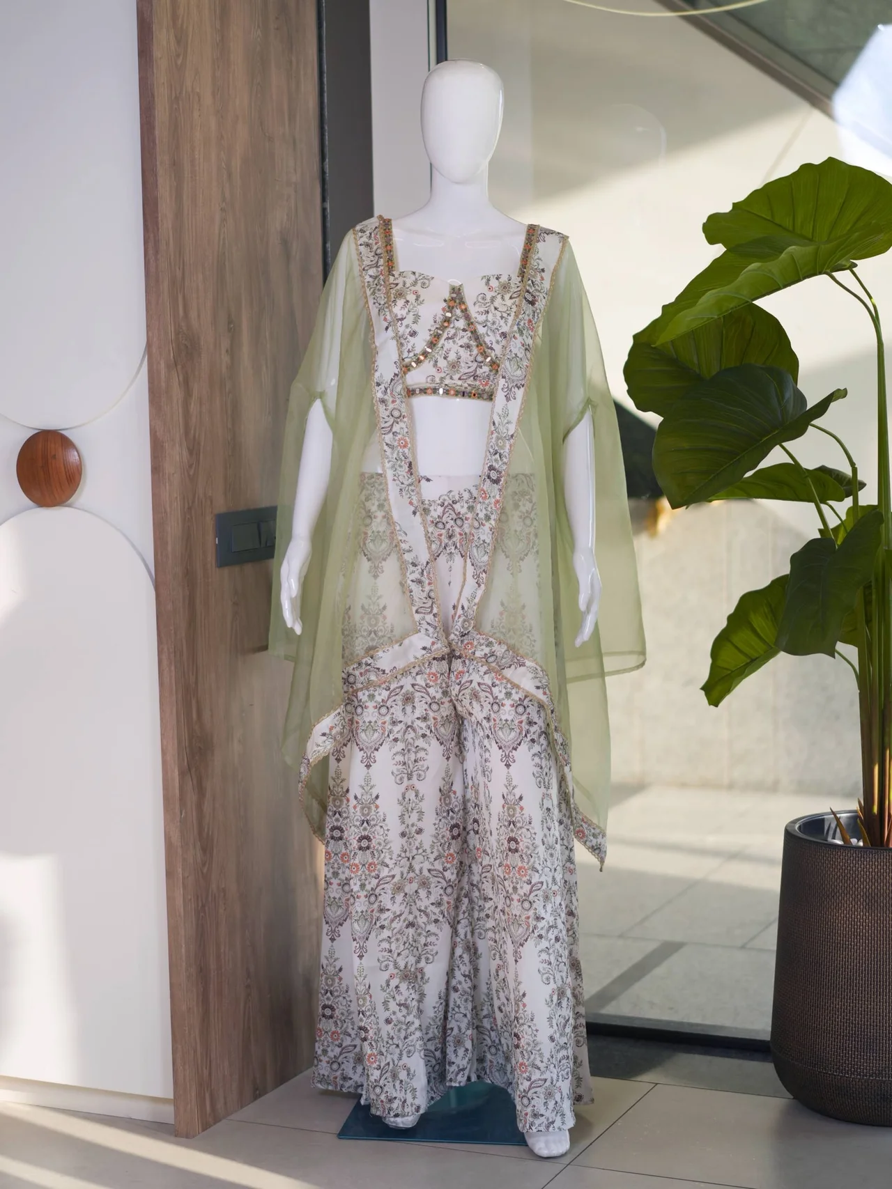 Crepe Printed Crop Top Palazzo Set with Cape in Sage Green — photo 3 of 5