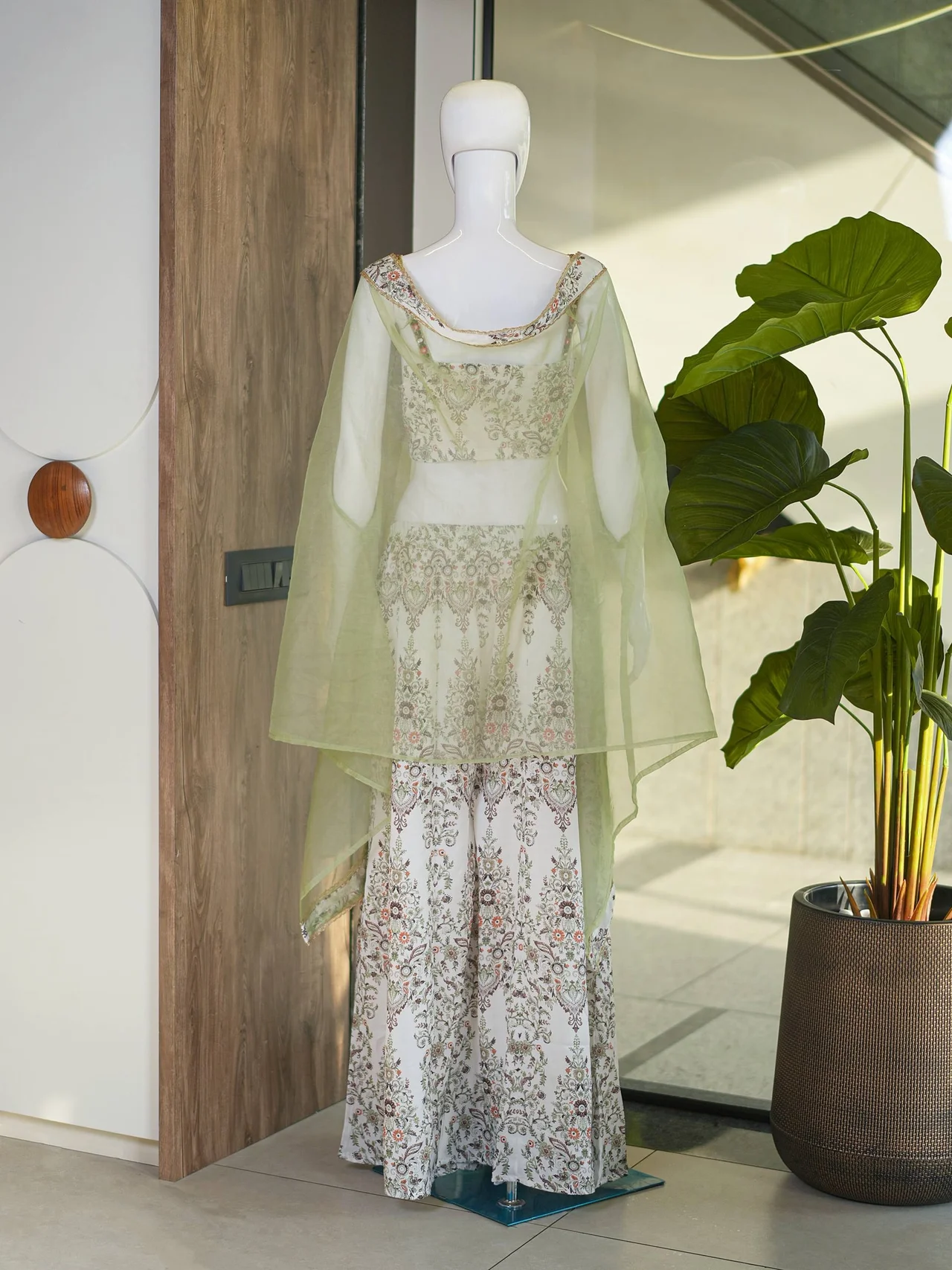 Crepe Printed Crop Top Palazzo Set with Cape in Sage Green — photo 4 of 5