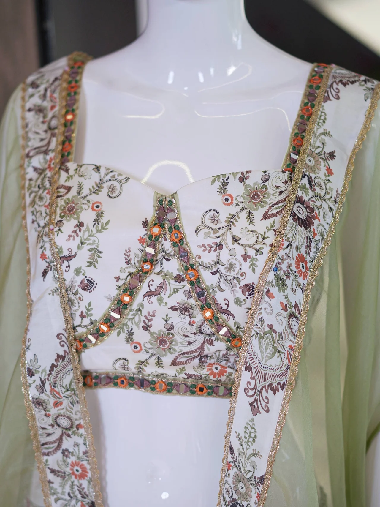 Crepe Printed Crop Top Palazzo Set with Cape in Sage Green — photo 5 of 5