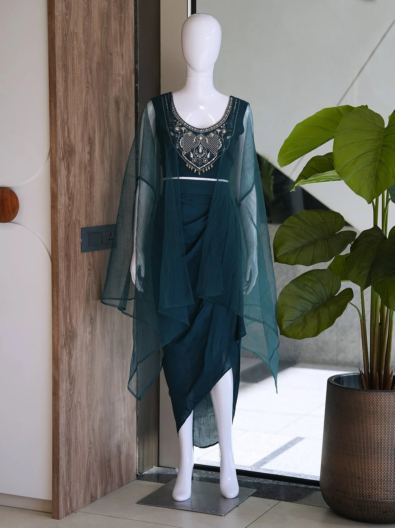 Roman Silk Crop Top Draped Skirt Set in Teal — photo 4 of 6