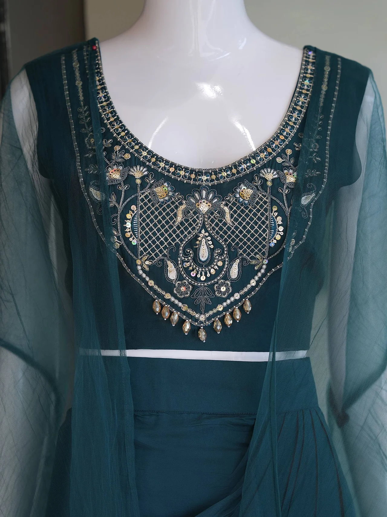 Roman Silk Crop Top Draped Skirt Set in Teal — photo 5 of 6