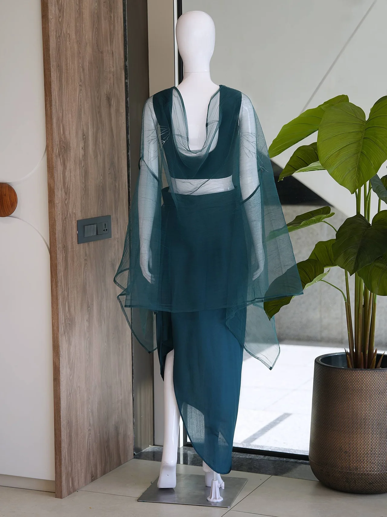 Roman Silk Crop Top Draped Skirt Set in Teal — photo 6 of 6