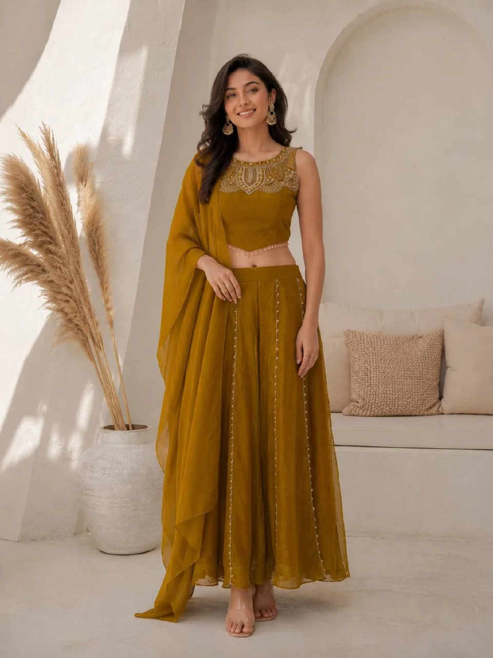 Satin Bead Work Crop Top Set with Palazzo in Mustard — photo 2 of 6