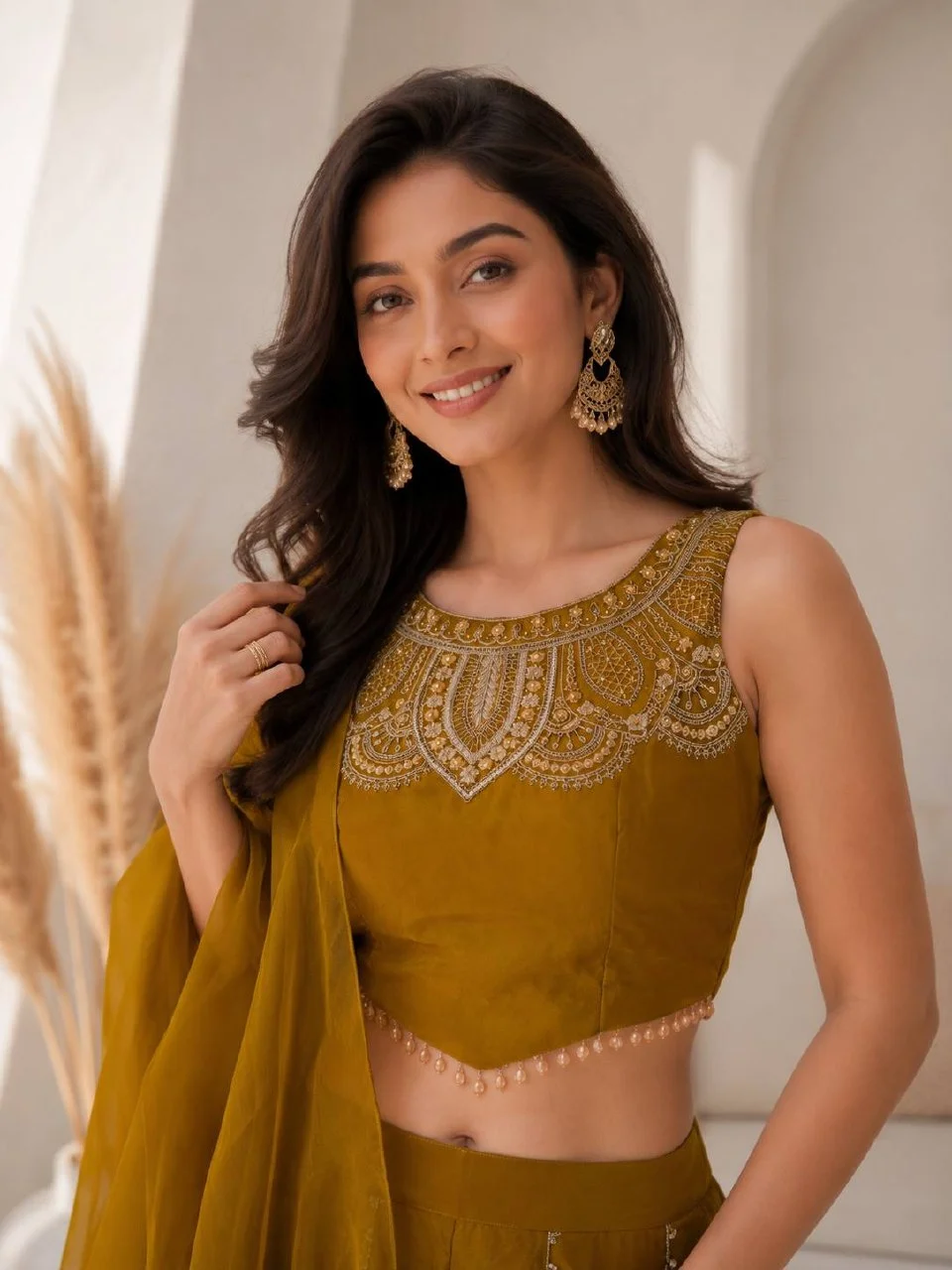 Satin Bead Work Crop Top Set with Palazzo in Mustard — photo 3 of 6