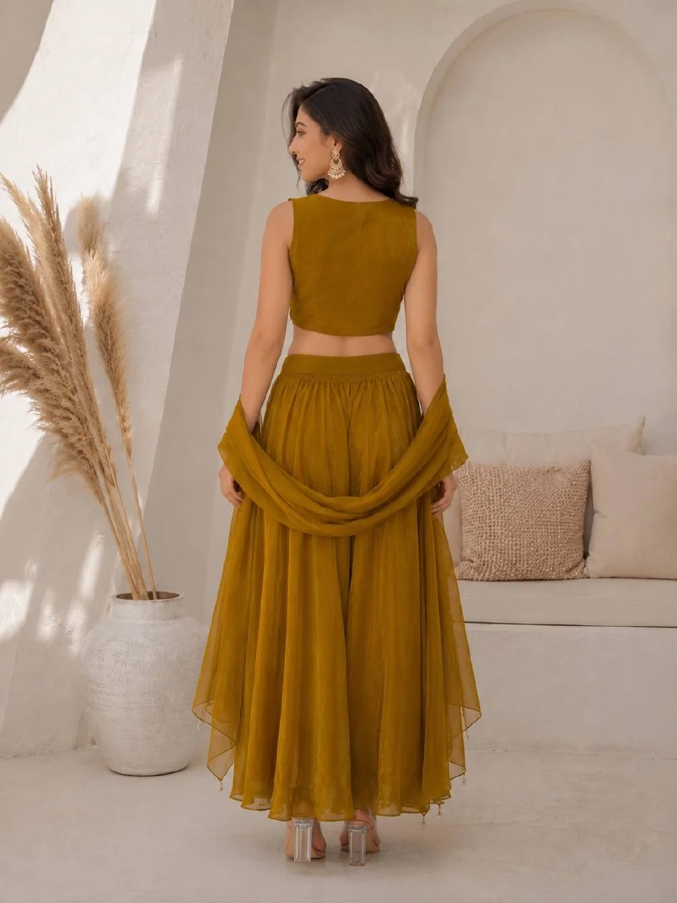 Satin Bead Work Crop Top Set with Palazzo in Mustard — photo 4 of 6