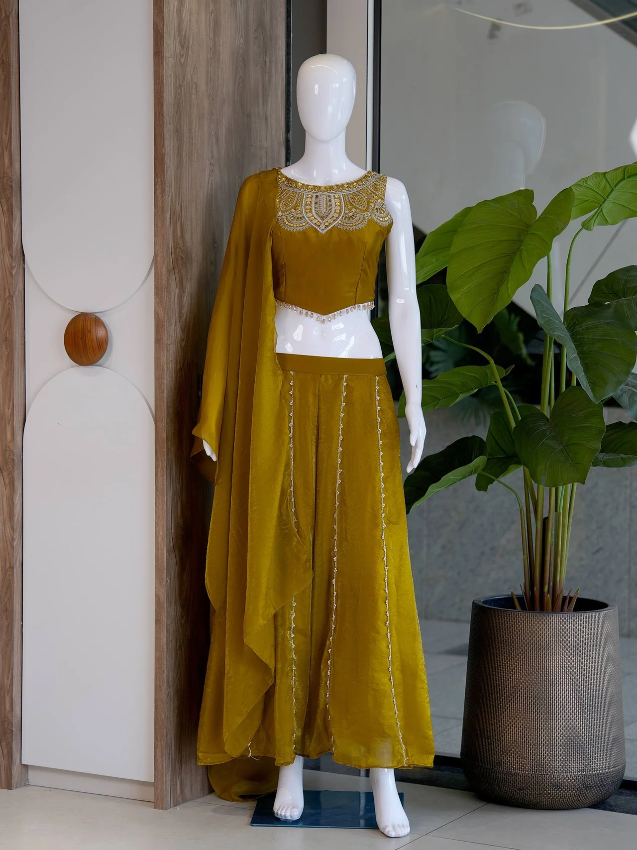Satin Bead Work Crop Top Set with Palazzo in Mustard — photo 5 of 6