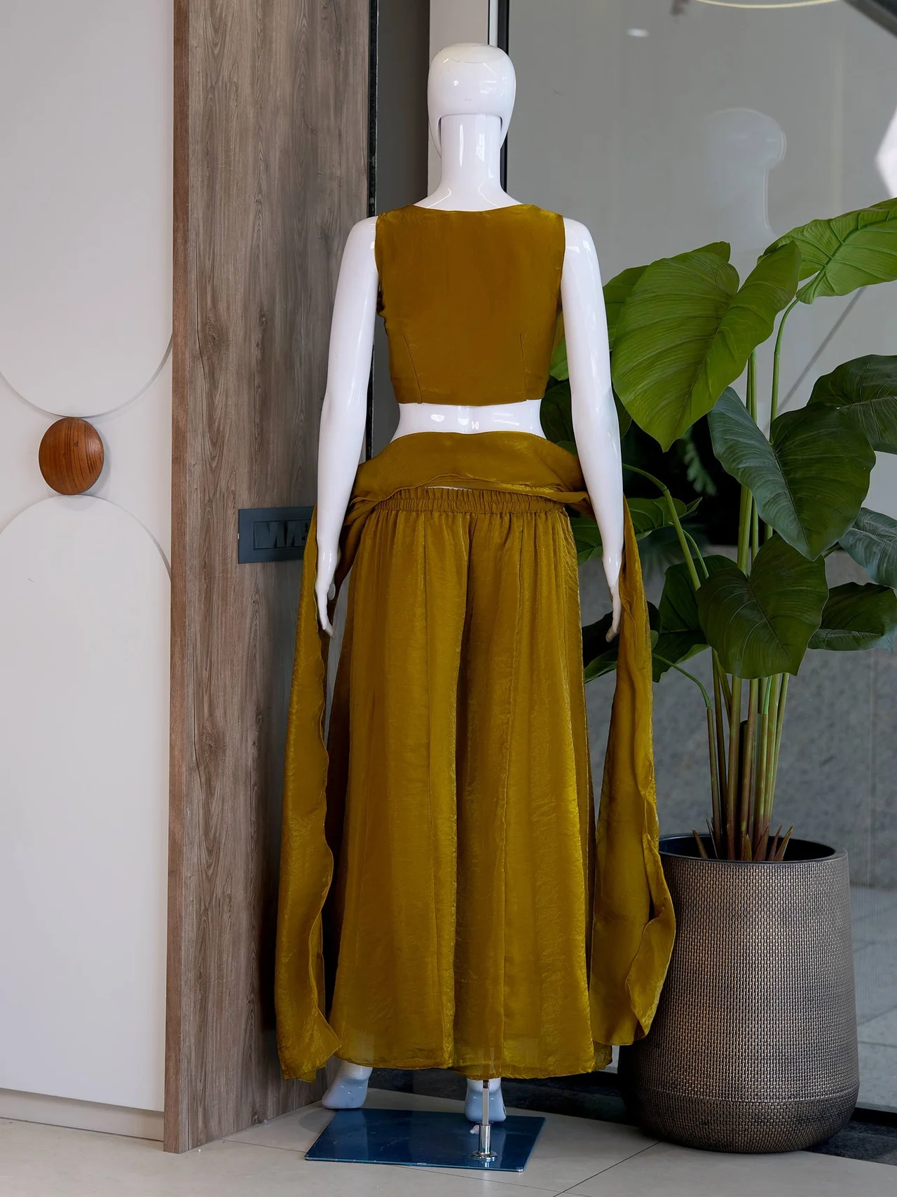 Satin Bead Work Crop Top Set with Palazzo in Mustard — photo 6 of 6