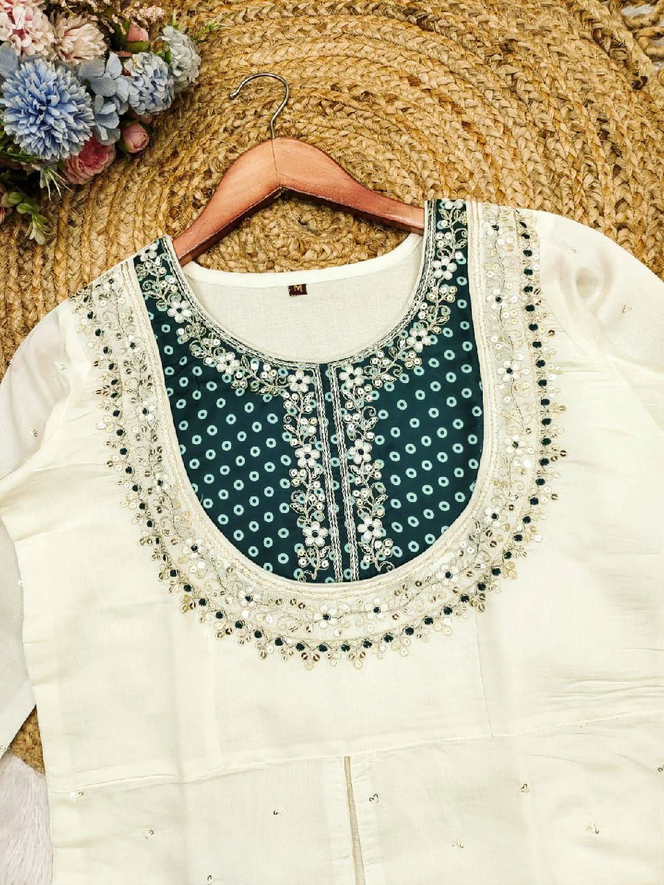 Roman Silk Embroidered Border Co-ord Set in Teal — photo 2 of 4