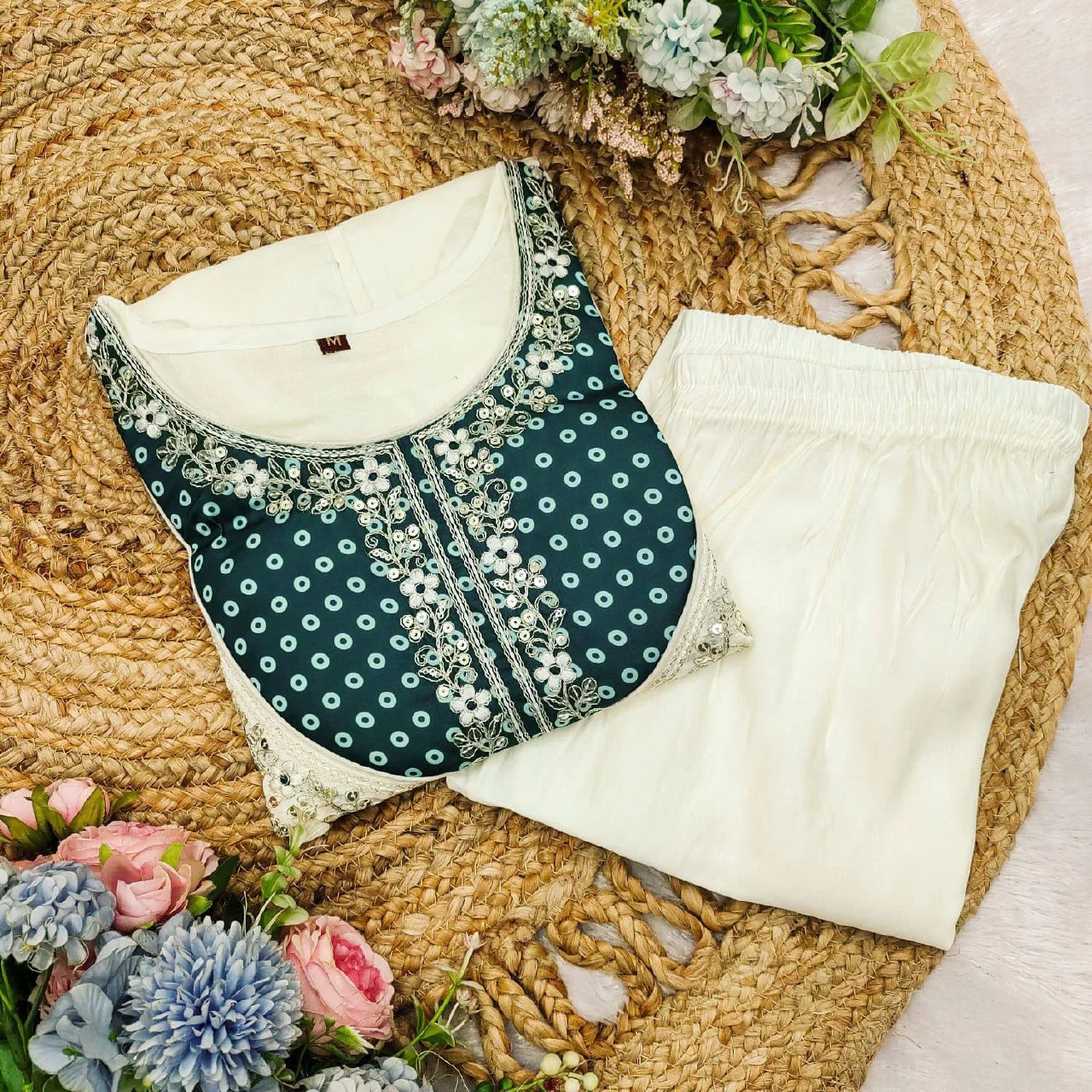 Roman Silk Embroidered Border Co-ord Set in Teal — photo 3 of 4