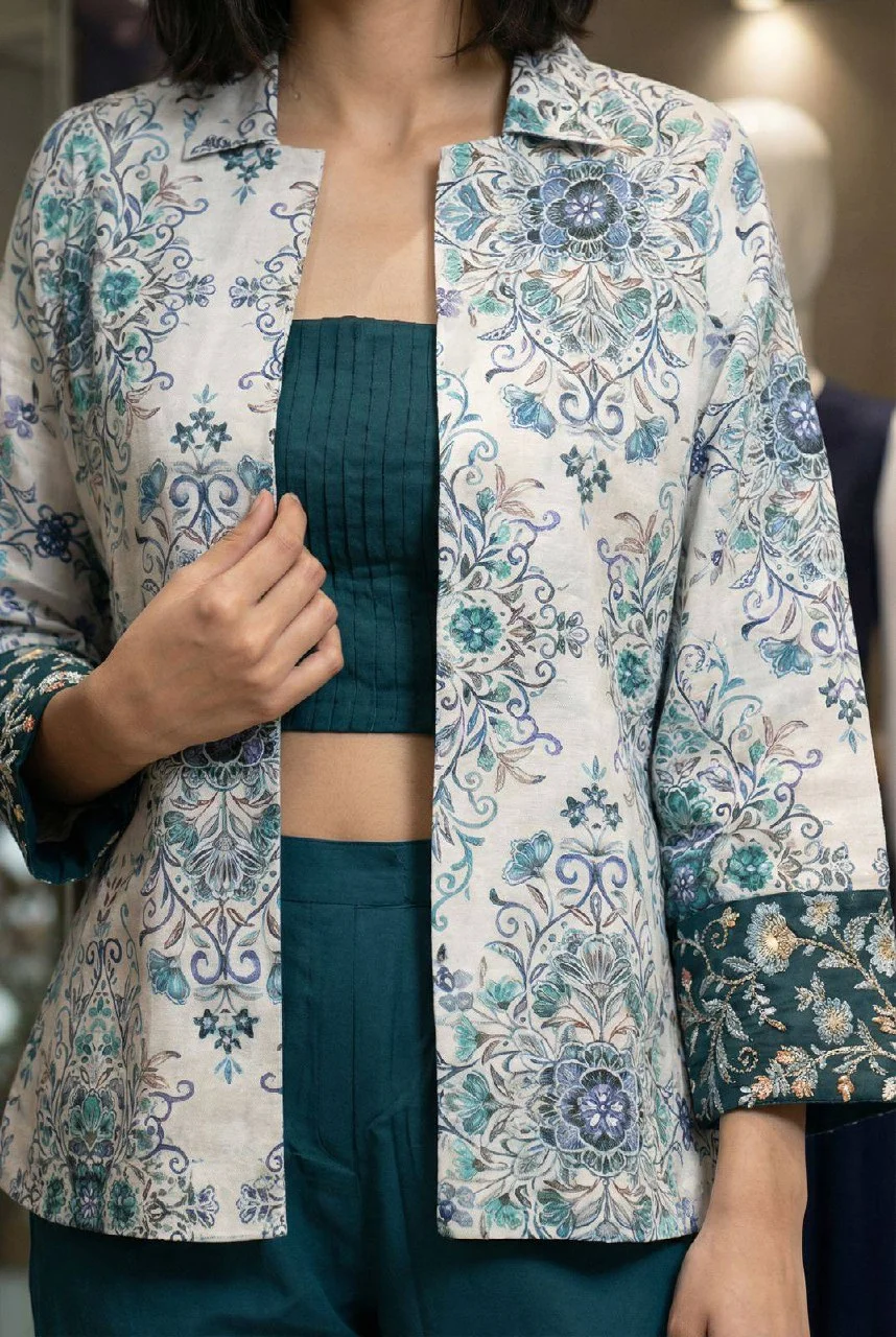 Satin Digital Print Jacket Co-ord Set in Teal — photo 2 of 6