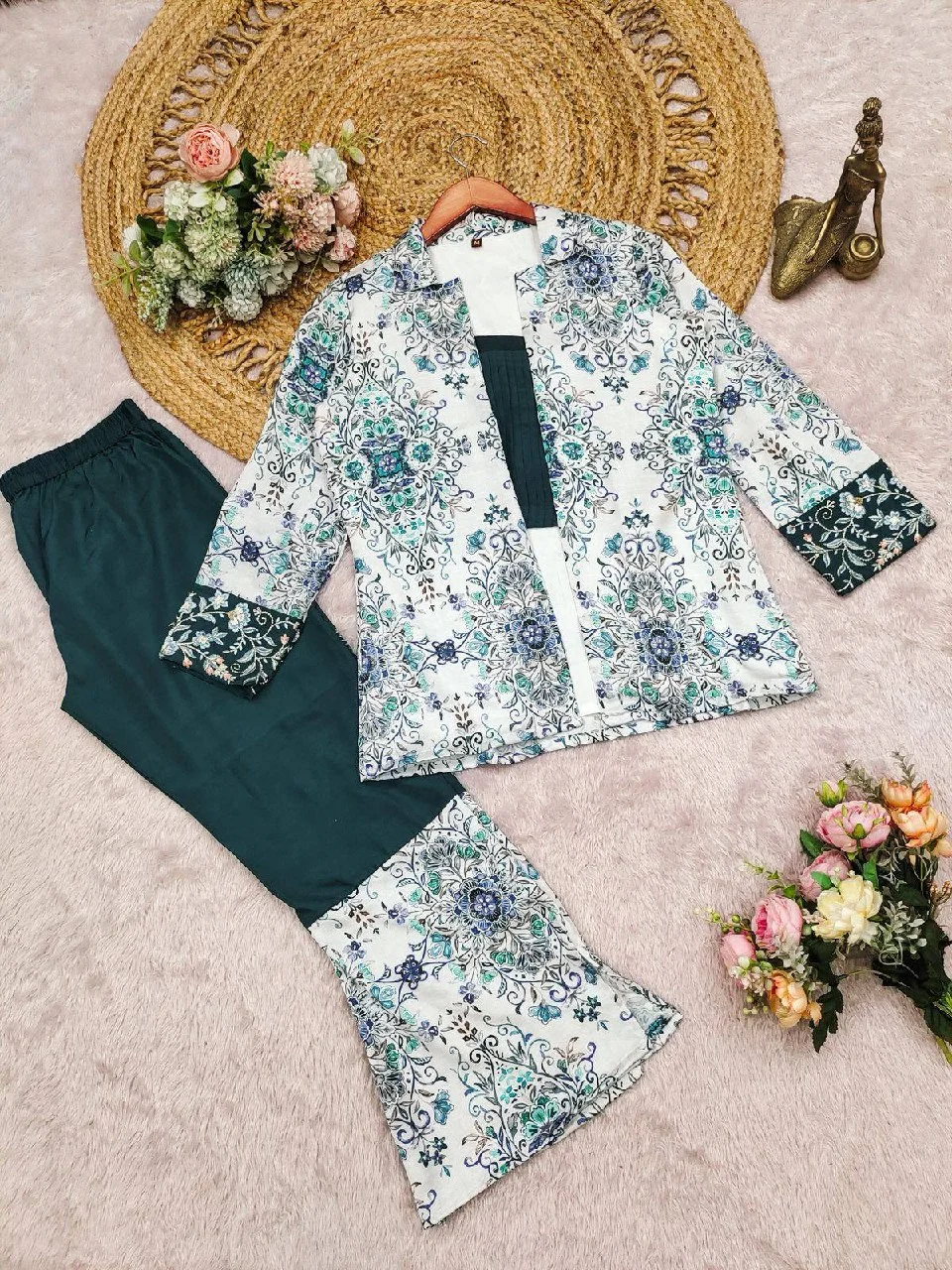 Satin Digital Print Jacket Co-ord Set in Teal — photo 4 of 6
