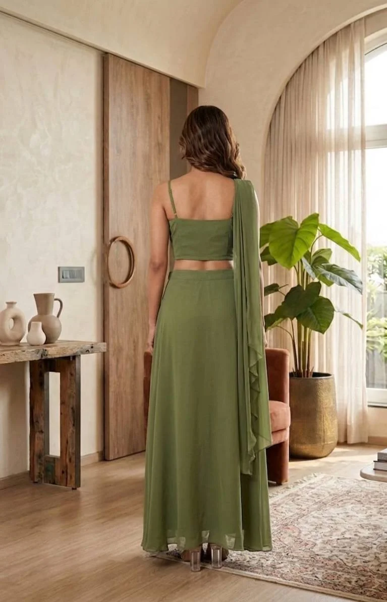 Georgette Sequin Crop Top with Palazzo in Olive Green — photo 3 of 6