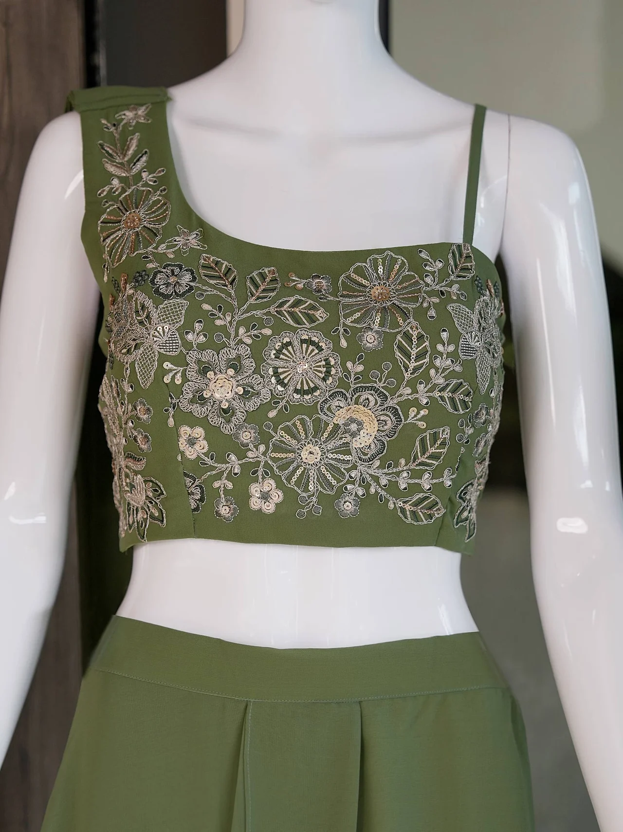 Georgette Sequin Crop Top with Palazzo in Olive Green — photo 4 of 6
