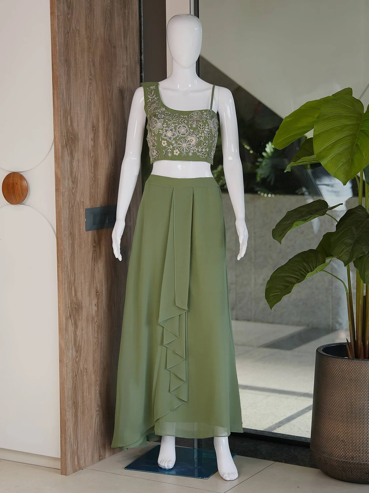 Georgette Sequin Crop Top with Palazzo in Olive Green — photo 5 of 6