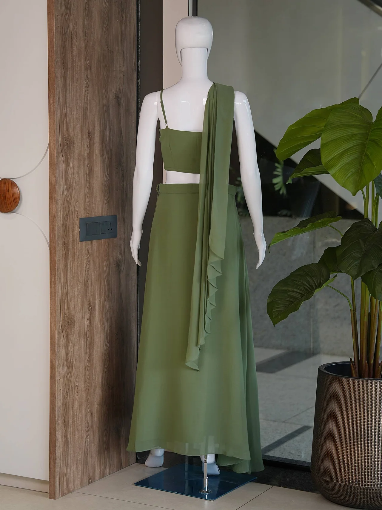 Georgette Sequin Crop Top with Palazzo in Olive Green — photo 6 of 6