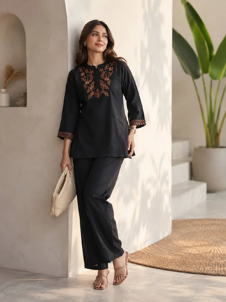 Roman Silk Leaf Embroidered Co-ord Set in Black — photo 2 of 7