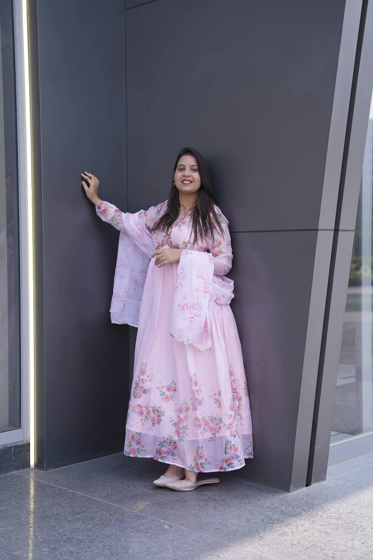 Silk Digital Print Gown with Dupatta in Baby Pink — photo 2 of 10