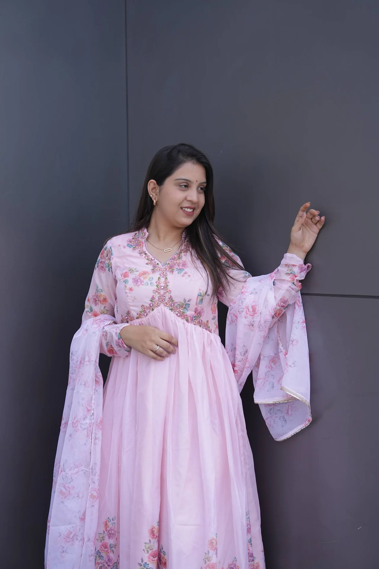Silk Digital Print Gown with Dupatta in Baby Pink — photo 3 of 10