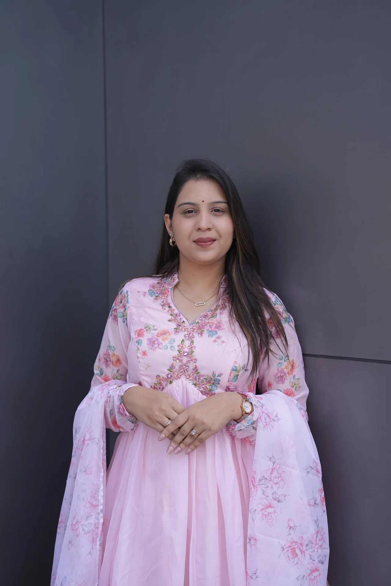 Silk Digital Print Gown with Dupatta in Baby Pink — photo 4 of 10