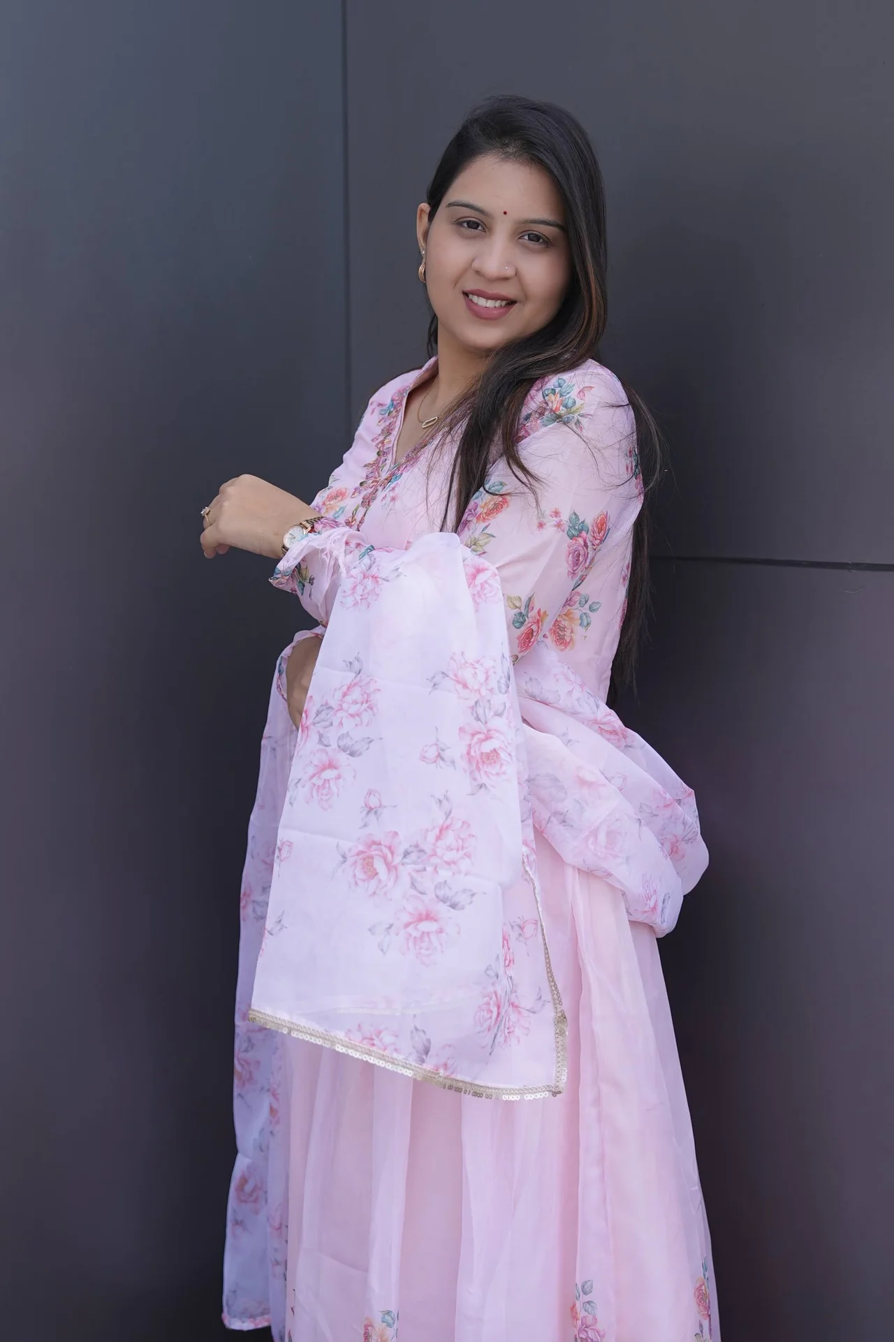 Silk Digital Print Gown with Dupatta in Baby Pink — photo 5 of 10