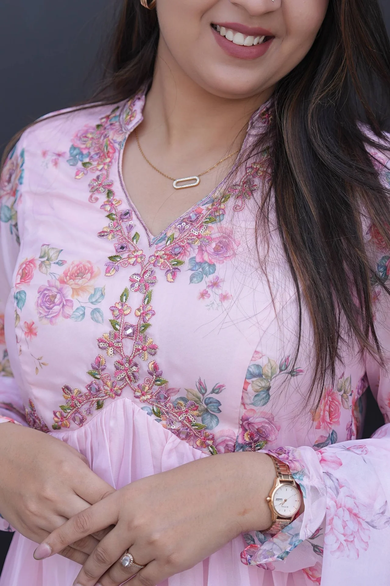 Silk Digital Print Gown with Dupatta in Baby Pink — photo 7 of 10