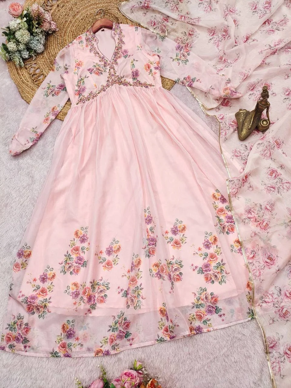 Silk Digital Print Gown with Dupatta in Baby Pink — photo 8 of 10