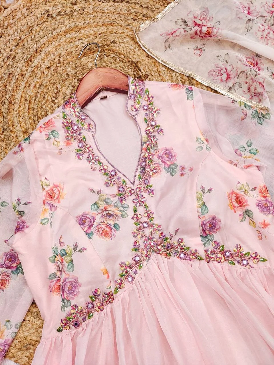 Silk Digital Print Gown with Dupatta in Baby Pink — photo 9 of 10
