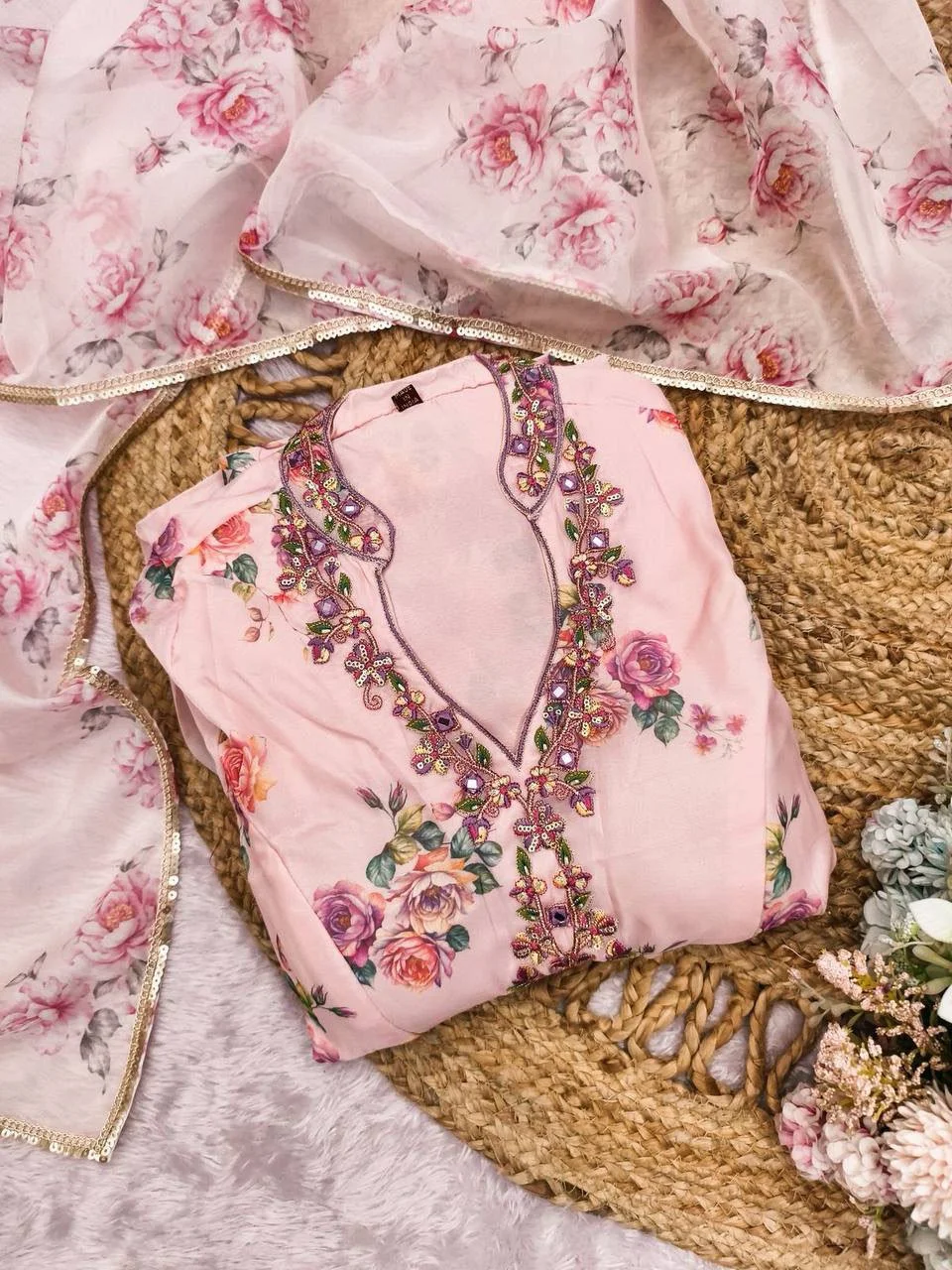 Silk Digital Print Gown with Dupatta in Baby Pink — photo 10 of 10