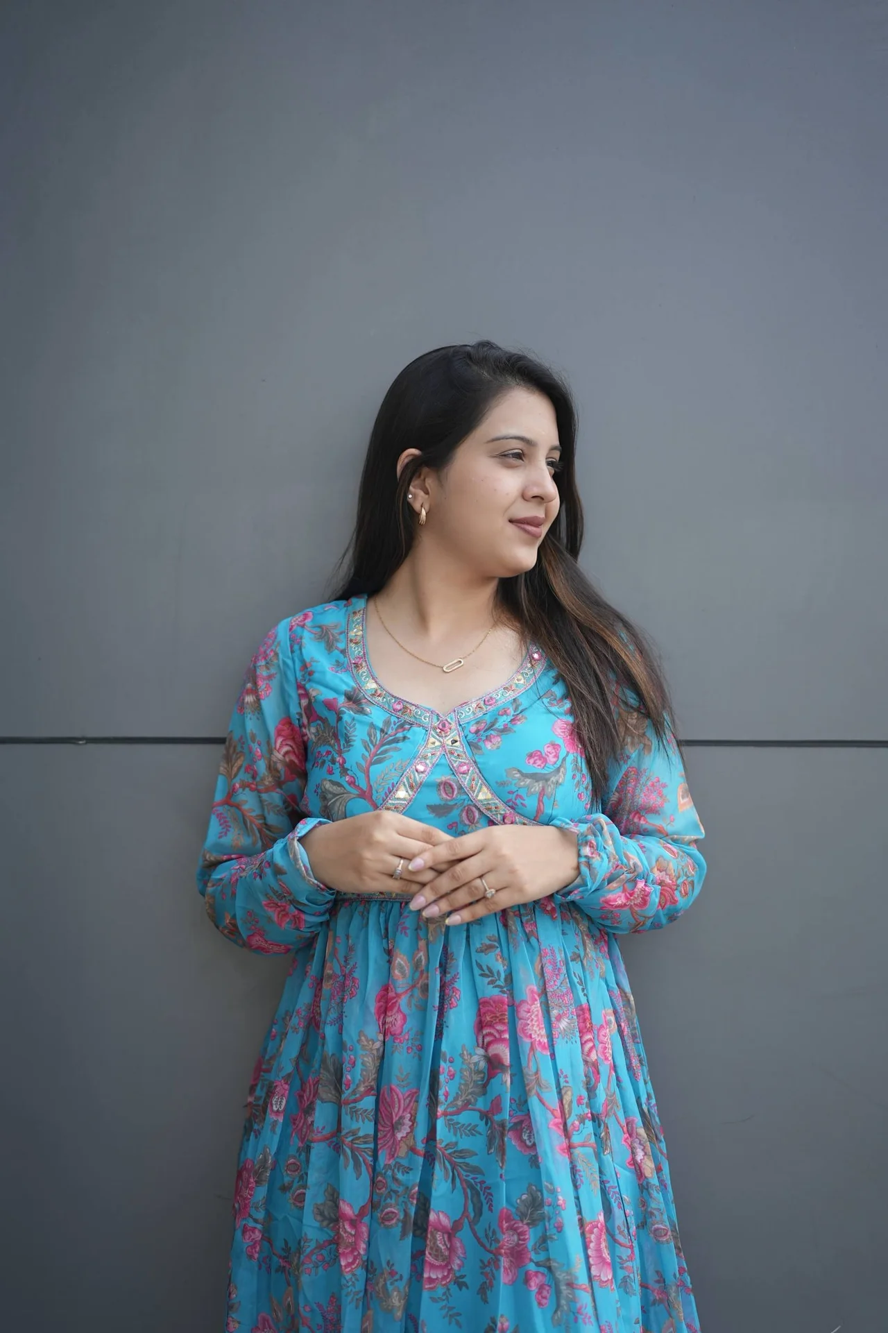 Organza Embroidered Angrakha Gown in Turquoise — photo 2 of 6