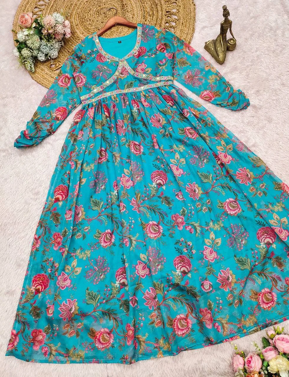 Organza Embroidered Angrakha Gown in Turquoise — photo 4 of 6