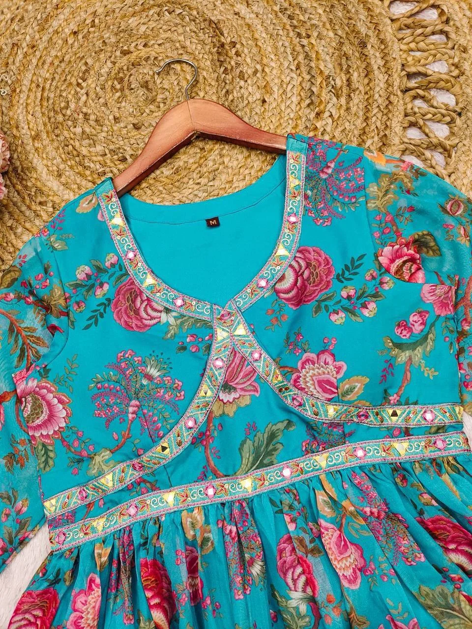 Organza Embroidered Angrakha Gown in Turquoise — photo 5 of 6