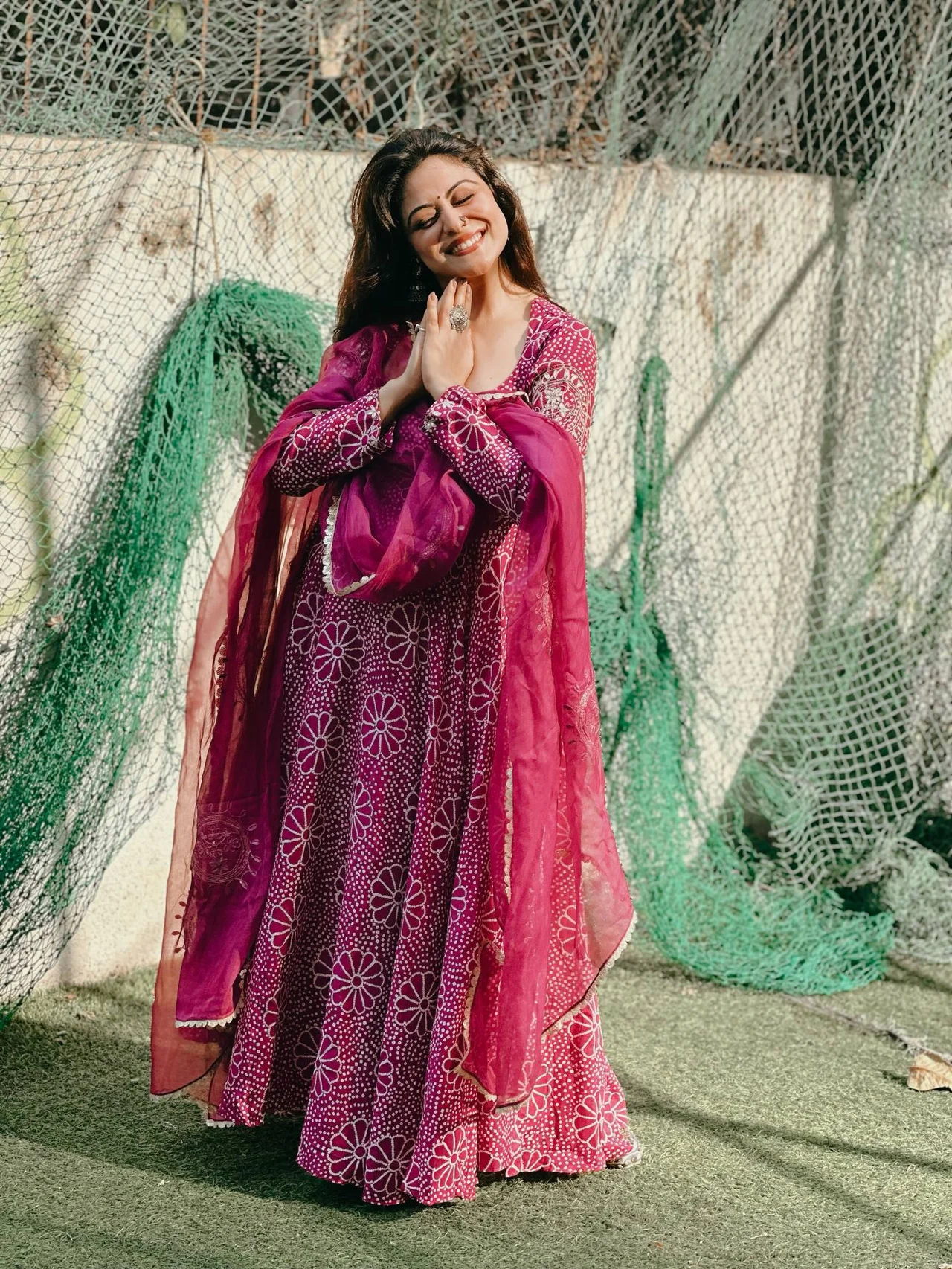 Chinon Printed Gown with Palazzo and Dupatta in Magenta — photo 2 of 10