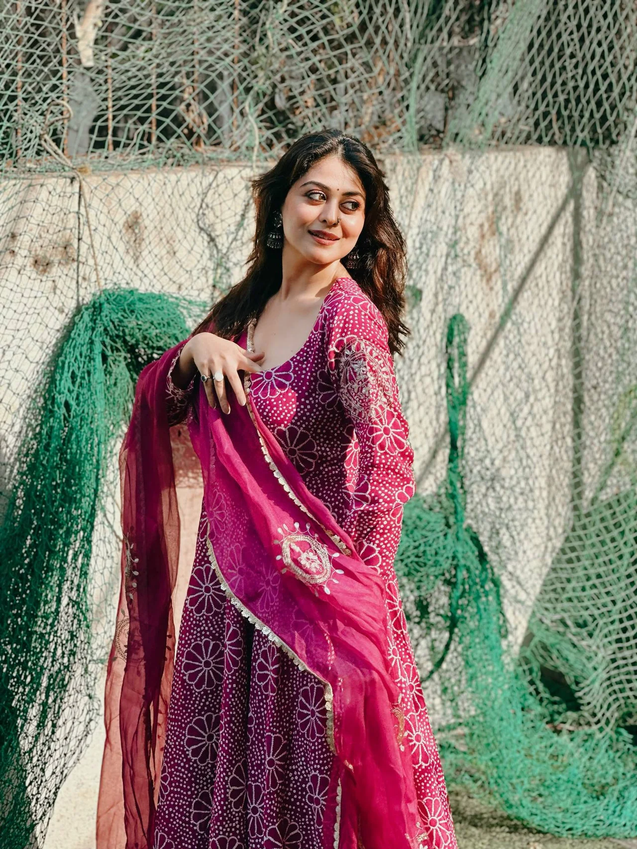 Chinon Printed Gown with Palazzo and Dupatta in Magenta — photo 4 of 10