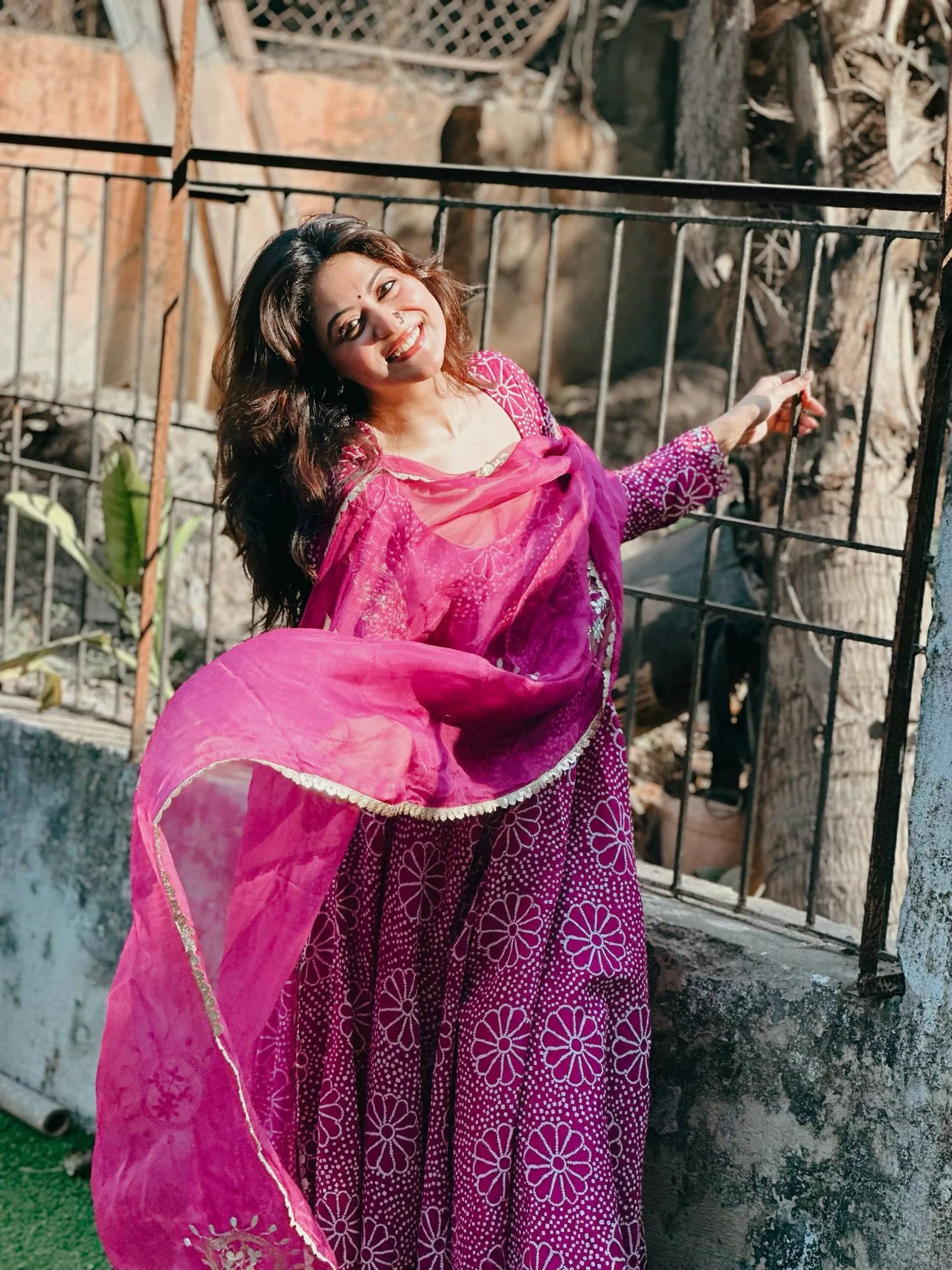 Chinon Printed Gown with Palazzo and Dupatta in Magenta — photo 5 of 10