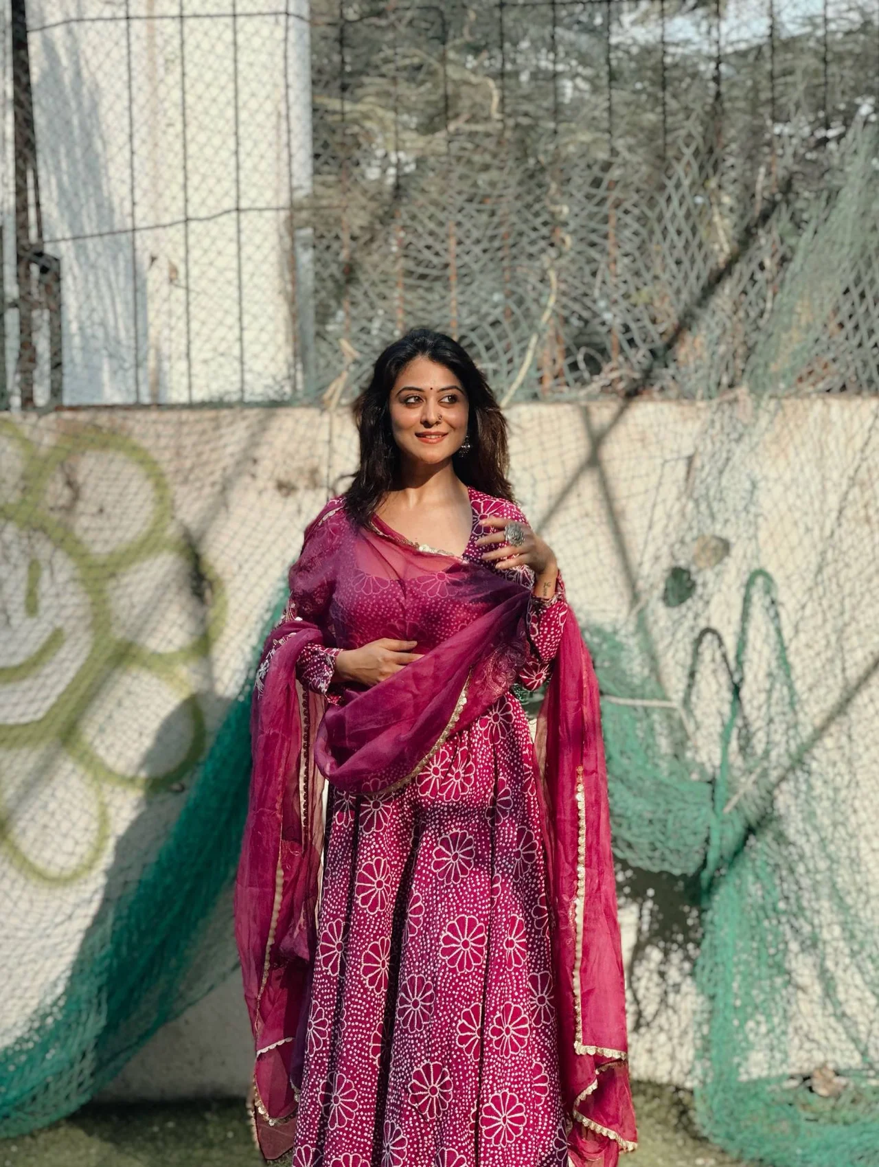 Chinon Printed Gown with Palazzo and Dupatta in Magenta — photo 6 of 10