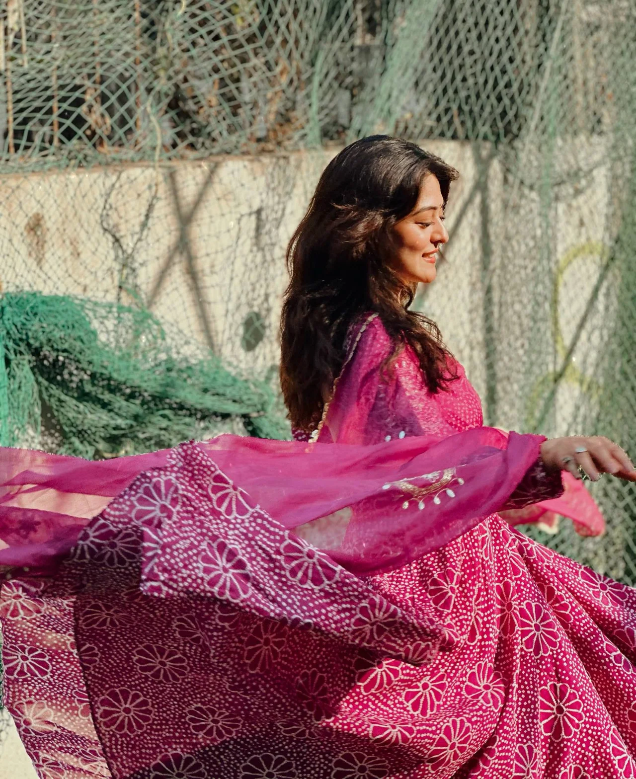 Chinon Printed Gown with Palazzo and Dupatta in Magenta — photo 7 of 10