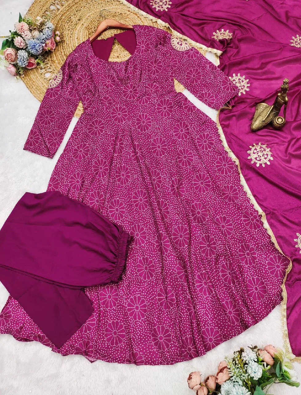 Chinon Printed Gown with Palazzo and Dupatta in Magenta — photo 8 of 10