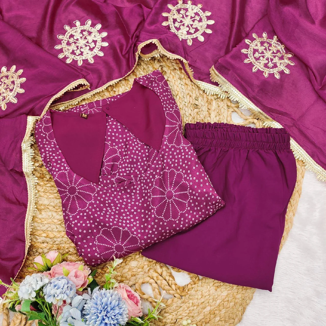 Chinon Printed Gown with Palazzo and Dupatta in Magenta — photo 10 of 10