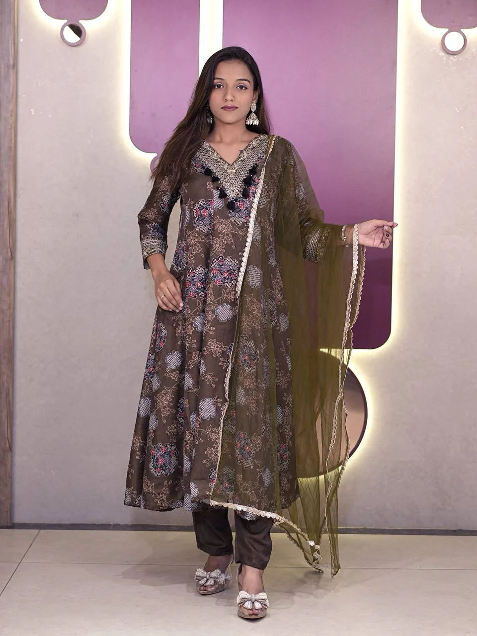 Satin Printed Anarkali Suit with Net Dupatta in Olive Green — photo 2 of 10