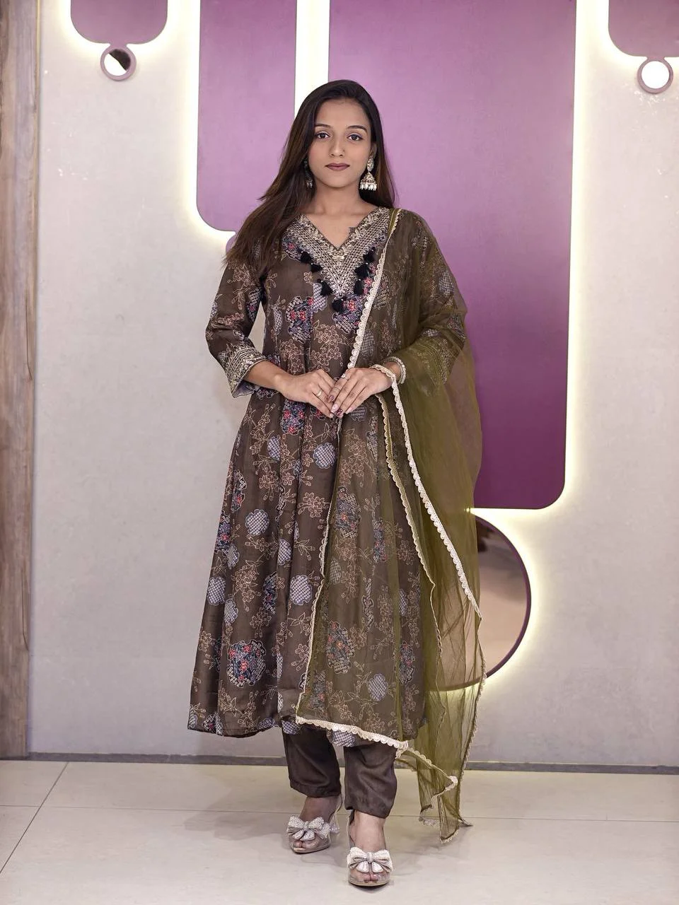Satin Printed Anarkali Suit with Net Dupatta in Olive Green — photo 3 of 10