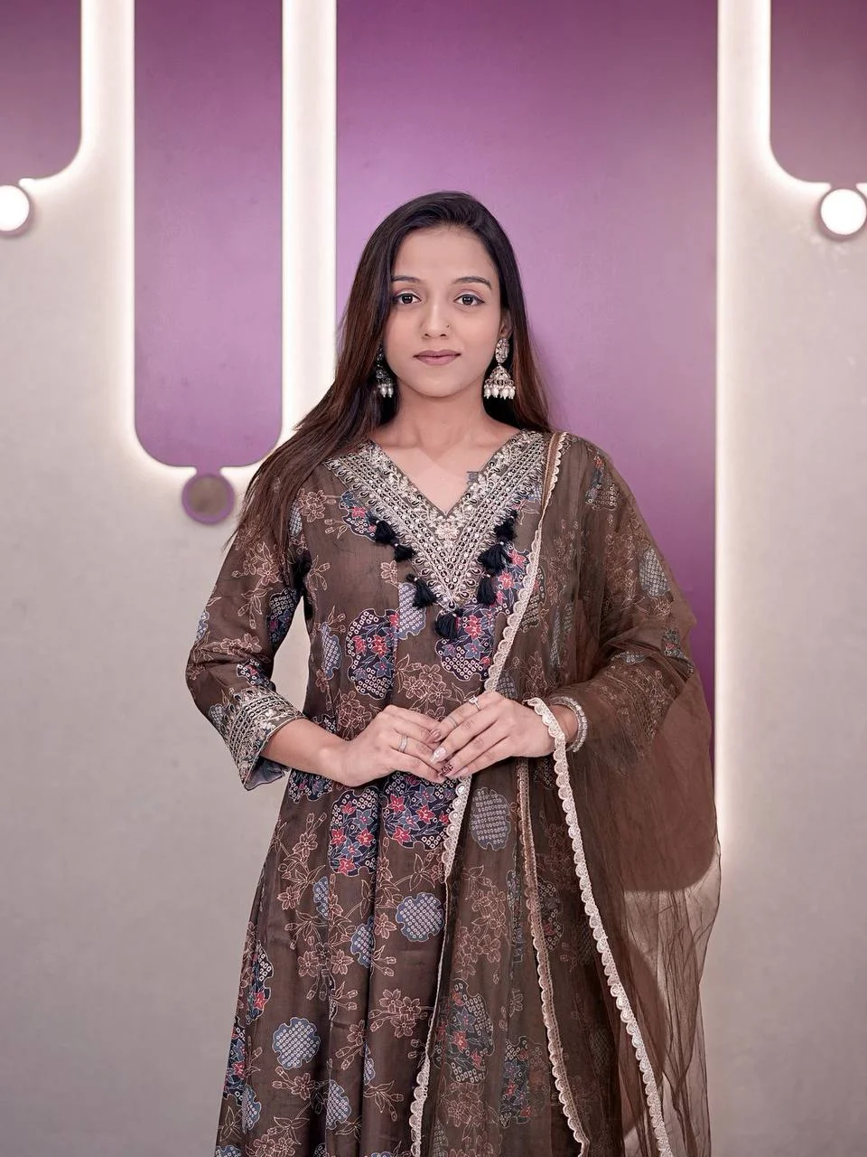 Satin Printed Anarkali Suit with Net Dupatta in Olive Green — photo 4 of 10