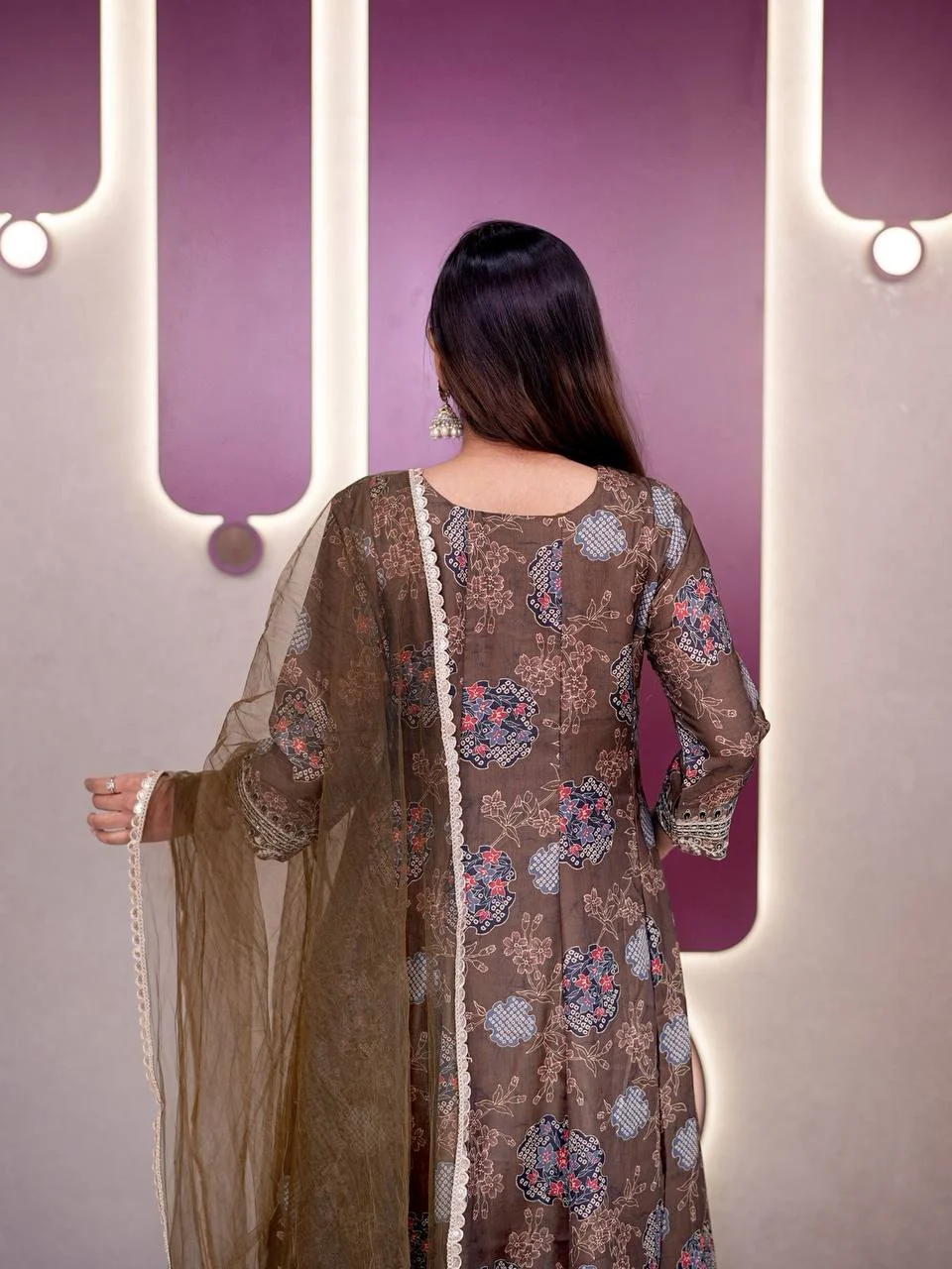 Satin Printed Anarkali Suit with Net Dupatta in Olive Green — photo 5 of 10