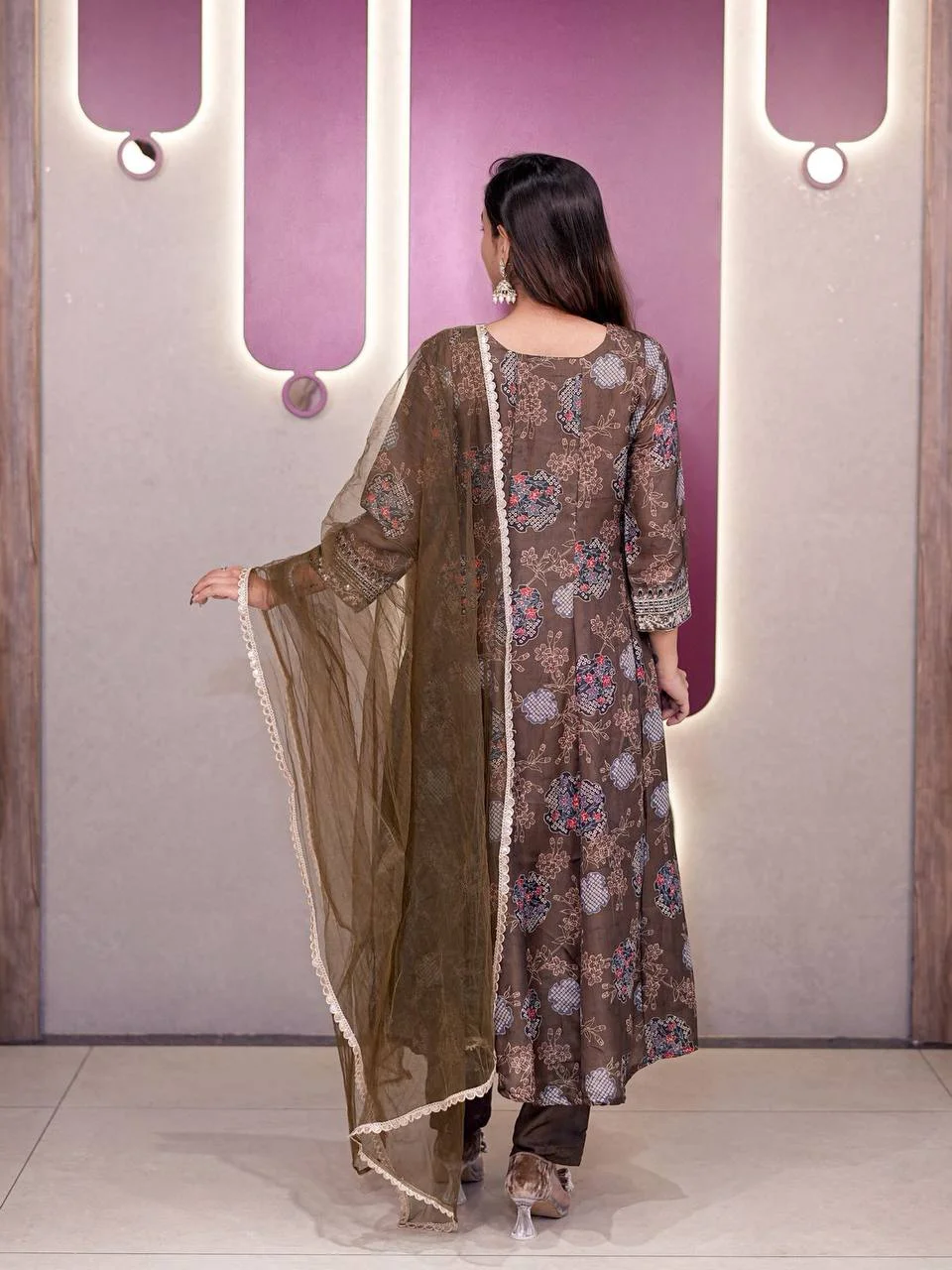 Satin Printed Anarkali Suit with Net Dupatta in Olive Green — photo 6 of 10