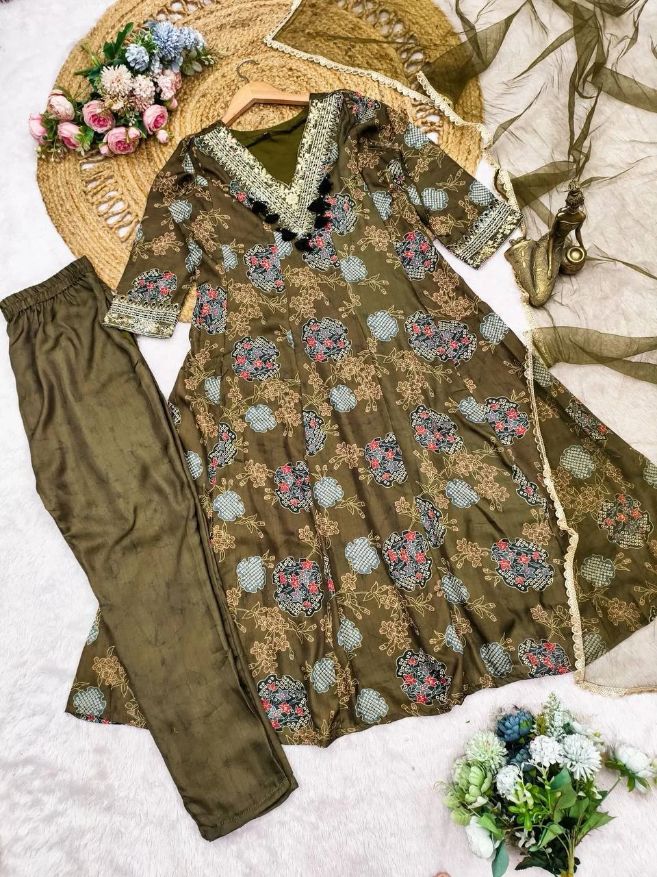 Satin Printed Anarkali Suit with Net Dupatta in Olive Green — photo 8 of 10