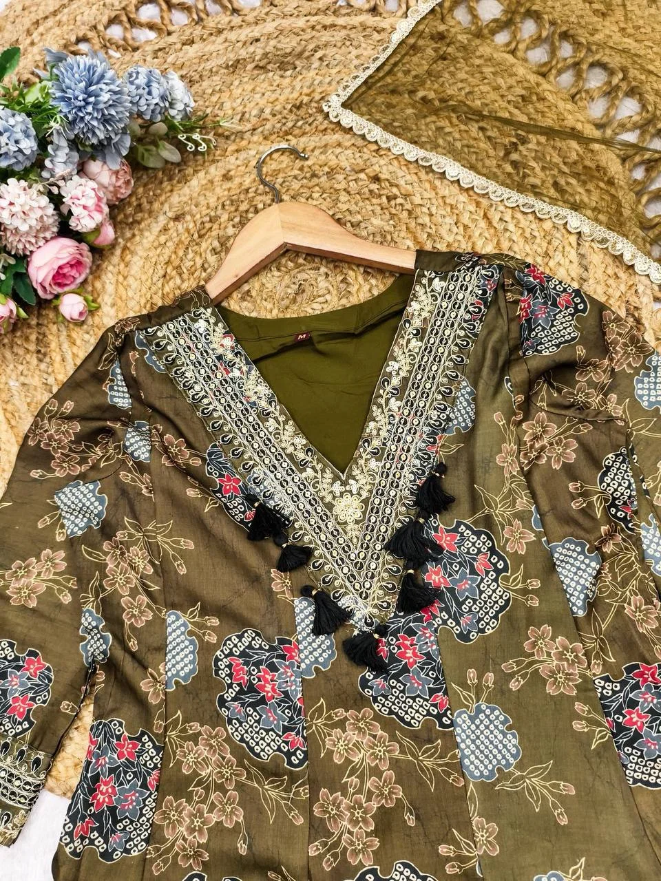 Satin Printed Anarkali Suit with Net Dupatta in Olive Green — photo 9 of 10