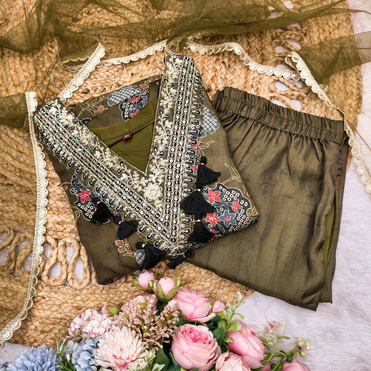 Satin Printed Anarkali Suit with Net Dupatta in Olive Green — photo 10 of 10