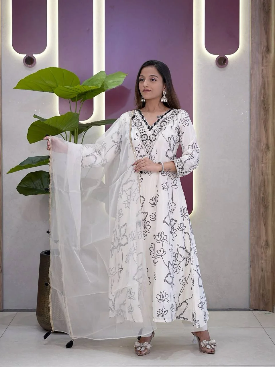 French Crepe Printed Anarkali Suit with Dupatta in Off White — photo 2 of 9